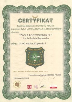 certyfikat dla Szkoły Podstawowej nr 1 w Nidzicy. Źródło: www.zsnr1.nidzica.pl
